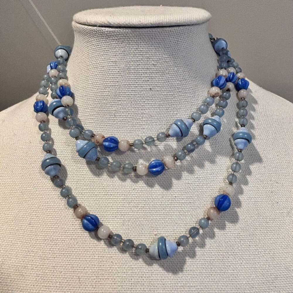 Vintage Blue Glass Beaded Triple Strand Necklace